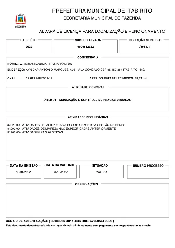Alvará de Localização da Dedetizadora Estrada Real