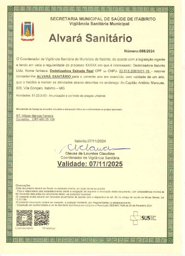 Alvará Sanitário da Dedetizadora Estrada Real