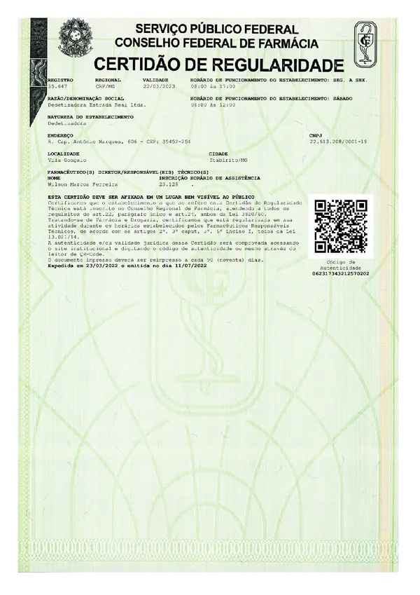 Certidão de Regularidade da Dedetizadora Estrada Real