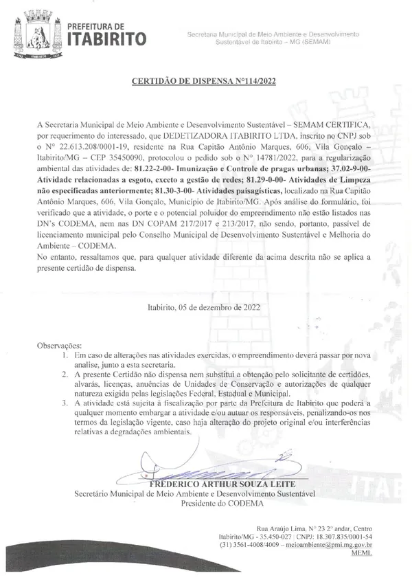 Licença Ambiental da Dedetizadora Estrada Real